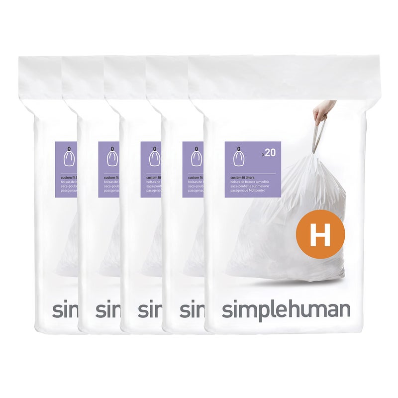 simplehuman بسيط إنسان كود H 100 عد، حزمة موزع بطانات ملائمة مخصصة، أكياس قمامة بحبل سحب، 30-35 لتر / 8-9 جالون، أبيض - Image 1